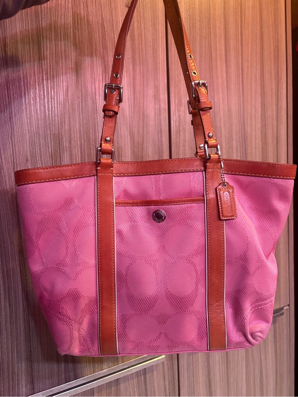 Coach Pink Tote with Brown Leather Trim